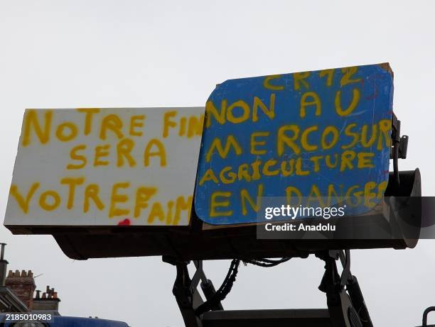 French farmers continue their protest against the Mercosur agreement with South America for a second day in Rodez, department of Aveyron, France on...