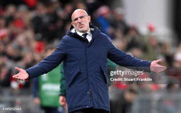 Luis de la Fuente, Head Coach of Spain, reacts during the UEFA Nations League 2024/25 League A Group A4 match between Denmark and Spain at on...