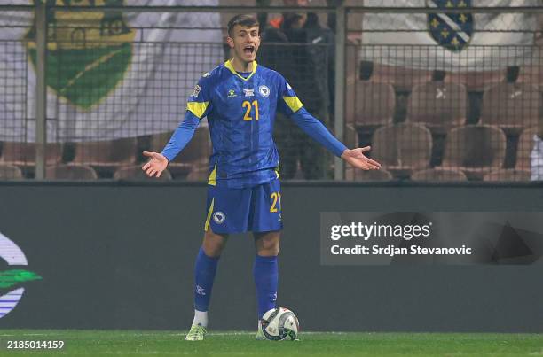 Samed Bazdar of Bosnia and Herzegovina reacts during the UEFA Nations League 2024/25 League A Group A3 match between Bosnia and Herzegovina and...