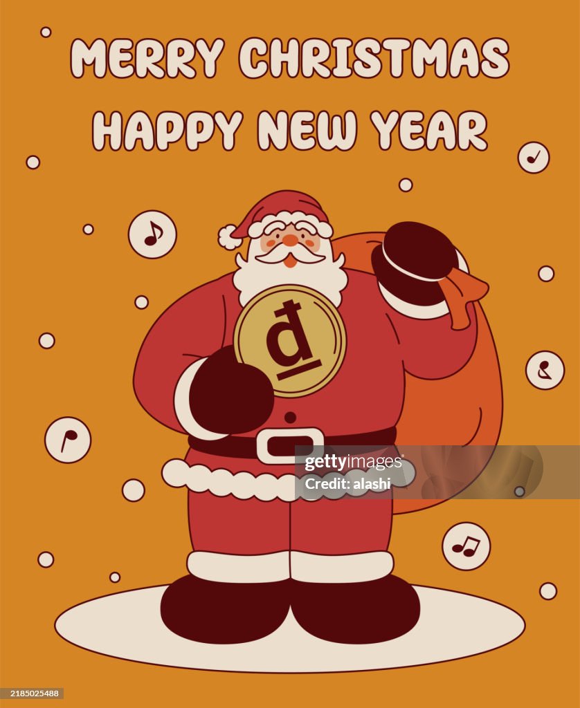 Santa Claus, carrying Money and a gift bag, wishes you a Merry Christmas and a Happy New Year