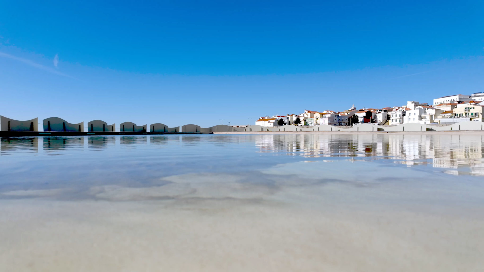 A picturesque coastal town with whitewashed buildings reflects on the calm waters of a lagoon A picturesque coastal town with whitewashed buildings reflects on the calm waters of a lagoon