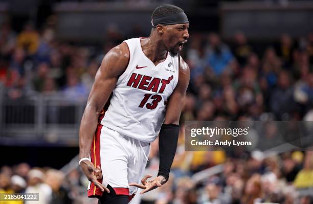 Bam Adebayo of the Miami Heat celebrates after making a three point shot against the Indiana Pacers at Gainbridge Fieldhouse on November 15, 2024 in...