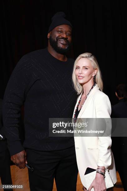 Shaquille O'Neal and Charlize Theron attend LIVE On Netflix: Jake Paul vs. Mike Tyson at AT&T Stadium on November 15, 2024 in Arlington, Texas.