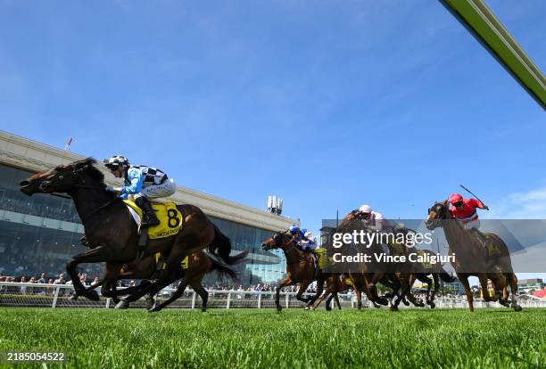 Ethan Brown riding Another Prophet winning Race 7, the Schweppes Thousand Guineas during Melbourne Racing at Caulfield Racecourse on November 16,...