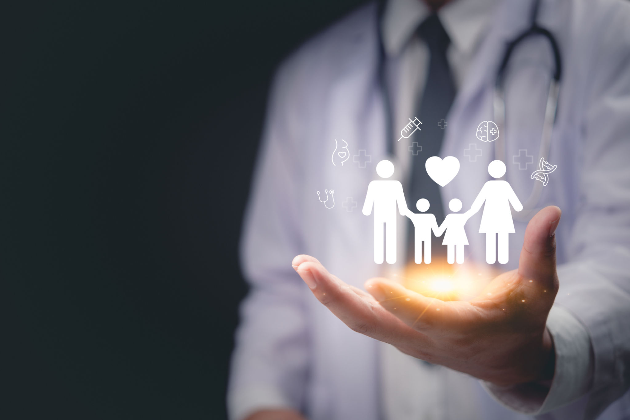 A doctor holds a glowing family icon with health symbols, promoting family wellness and healthcare. insurance assurance A doctor holds a glowing family icon with health symbols, promoting family wellness and healthcare. insurance assurance