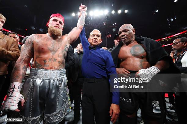Jake Paul announced as winner against Mike Tyson during LIVE On Netflix: Jake Paul vs. Mike Tyson at AT&T Stadium on November 15, 2024 in Arlington,...