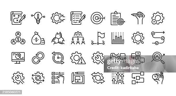 ilustraciones, imágenes clip art, dibujos animados e iconos de stock de conjunto de iconos de línea de proyecto. grupo de objetos. planificación, estrategia, innovación, objetivos, desarrollo. - ejecución pública