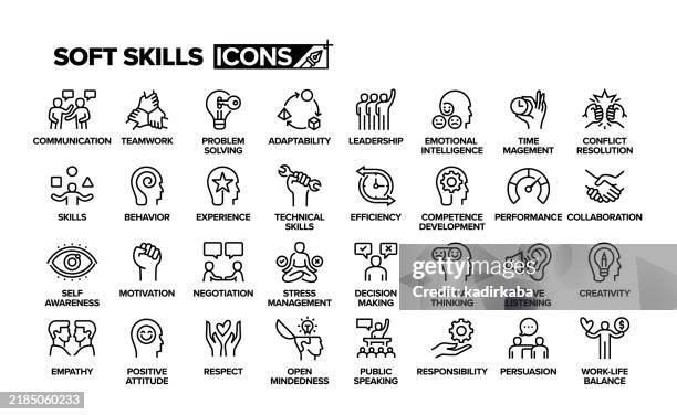 illustrations, cliparts, dessins animés et icônes de jeu d’icônes de ligne de compétences générales. groupe d’objets. communication, travail d’équipe, résolution de problèmes, leadership, comportement. - douceur