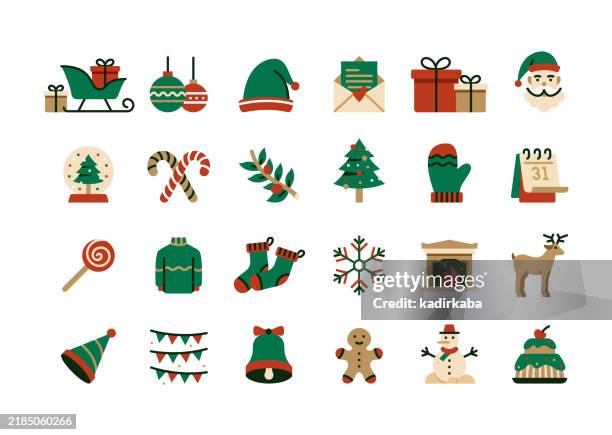 ilustrações de stock, clip art, desenhos animados e ícones de christmas and new year line icon set. group of object. santa, gift, snowman, christmas tree, snow globe. - fogueira