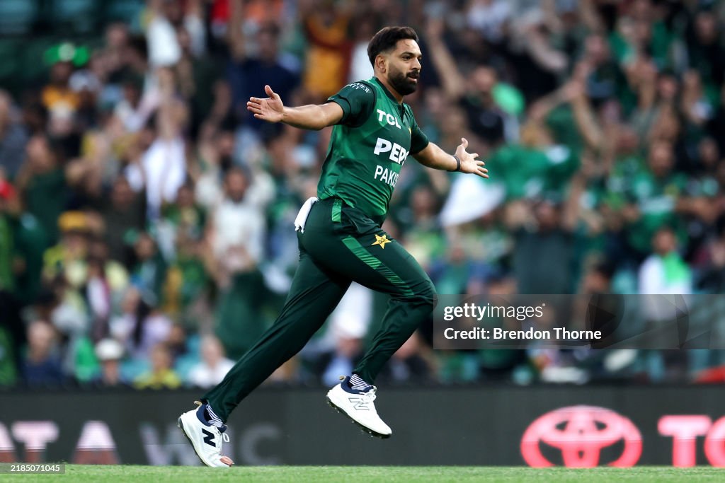 Pakistan Rauf Haris Rauf of Pakistan celebrates claiming the wicket of Josh Inglis ...