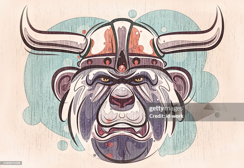 Angry chimpanzee in viking helmet