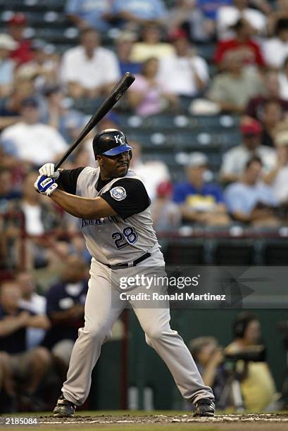 First baseman Ken Harvey of the Kansas City Royals waits for a Texas Rangers pitch during the MLB game at the Ballpark in Arlington on July 11, 2003...