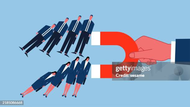 stockillustraties, clipart, cartoons en iconen met recruitment or candidates, human resources, marketing strategies, attracting clients, attracting businessmen and businesswomen standing in rows with magnets in their hands - op de koffie