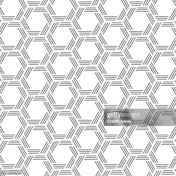 thin striped hexagons in repeating honeycomb grid pattern - interlocking pattern stock illustrations