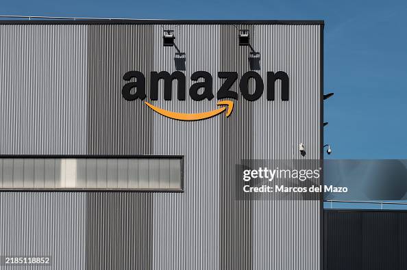 Amazon logo in warehouse logistic center of Vicalvaro. The online ...