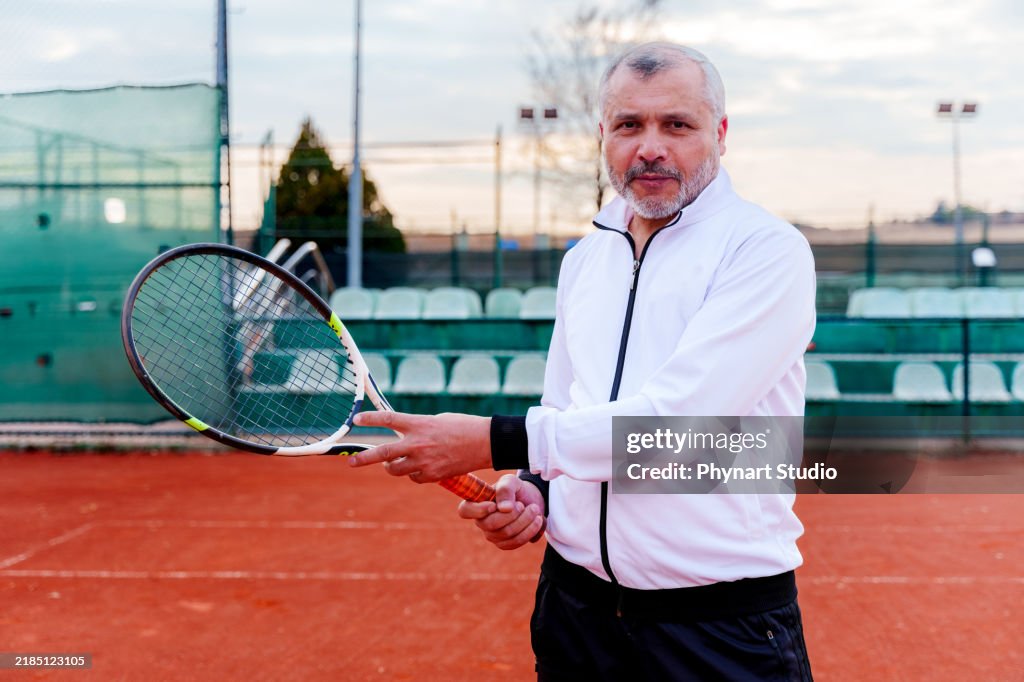 Porträt eines reifen Tennisspielers, der in die Kamera schaut, während er seinen Tennisschläger hält