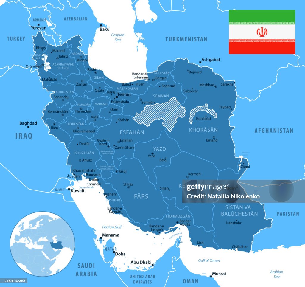 イラン - 国の地域と都市と詳細な地図。旗と地球儀。