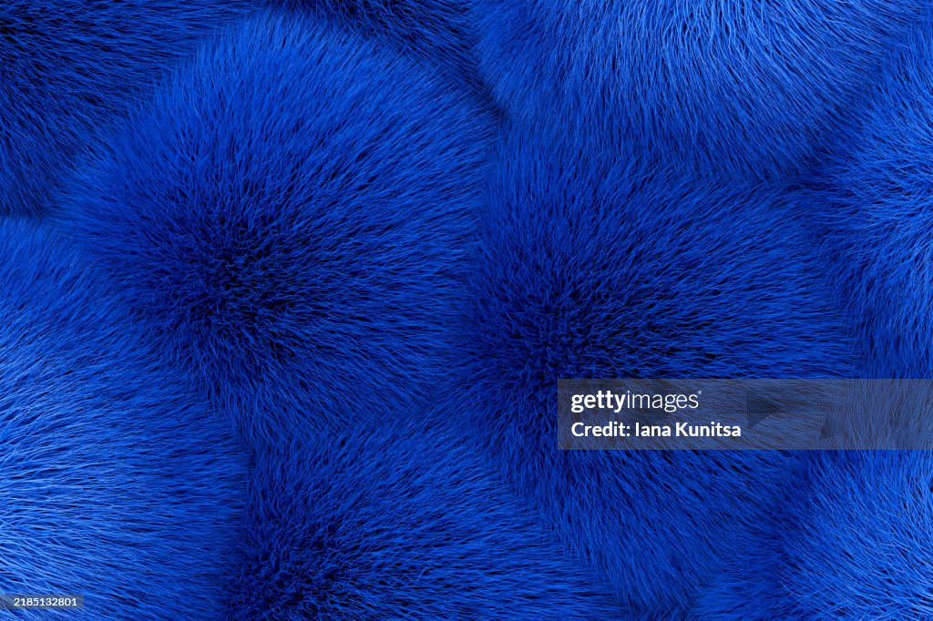 Navy blue fluffy fur background. 3D cute balls pattern. Empty backdrop for text, design element, copy space.