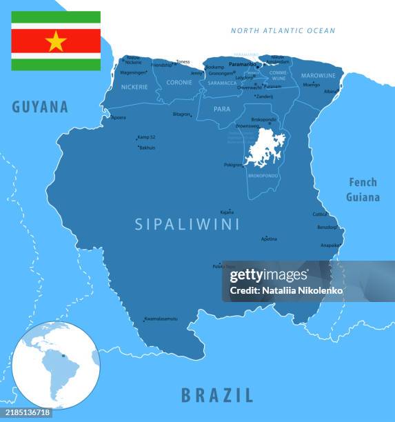 suriname - detailed map with regions and cities of the country. flag and globe. - suriname stock illustrations