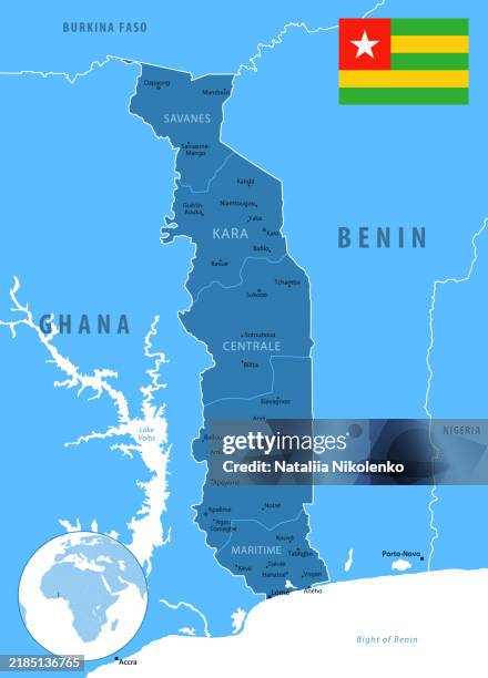 togo - detailed map with regions and cities of the country. flag and globe. - togo stock illustrations