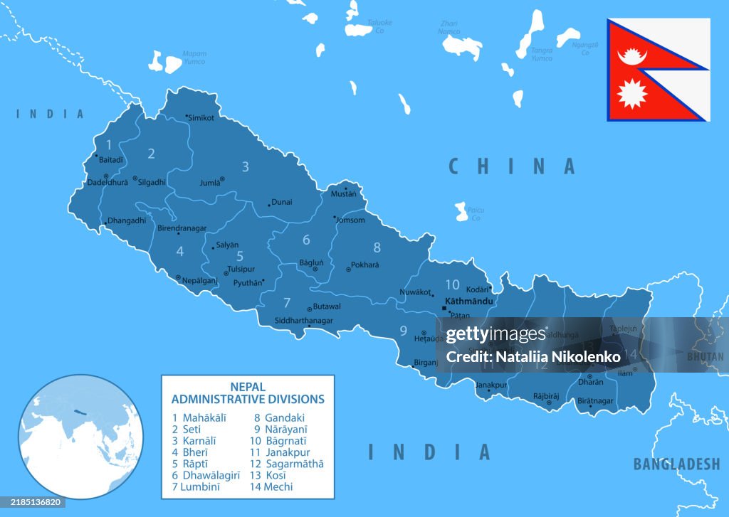Nepal - detailed map with regions and cities of the country. Flag and Globe.
