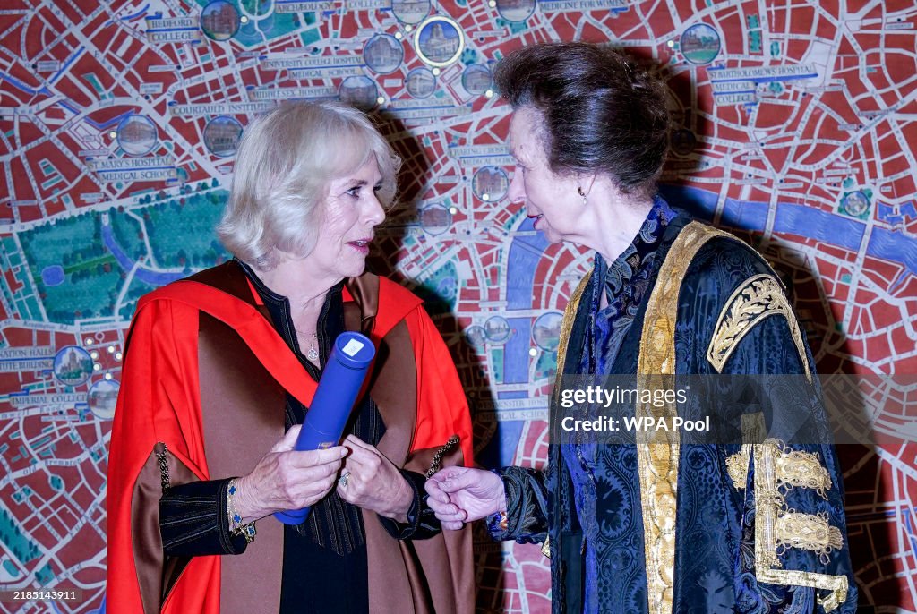 The Queen Presented With An Honorary Doctorate Of Literature By The Princess Royal At The University Of London