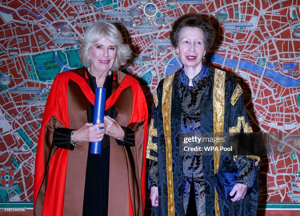 The Queen Presented With An Honorary Doctorate Of Literature By The Princess Royal At The University Of London