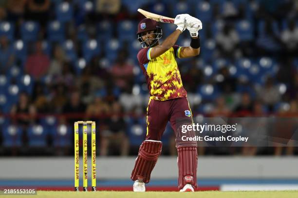 Shai Hope of the West Indies bats during the 4th T20 International between the West Indies and England at Daren Sammy National Cricket Stadium on...