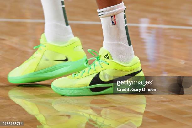 The sneakers worn by Giannis Antetokounmpo of the Milwaukee Bucks before the game against the Chicago Bulls on November 20, 2024 at the Fiserv Forum...