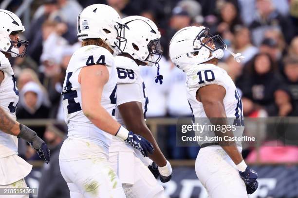 Nicholas Singleton of the Penn State Nittany Lions celebrates a touchdown during the second quarter against the Purdue Boilermakers at Ross-Ade...