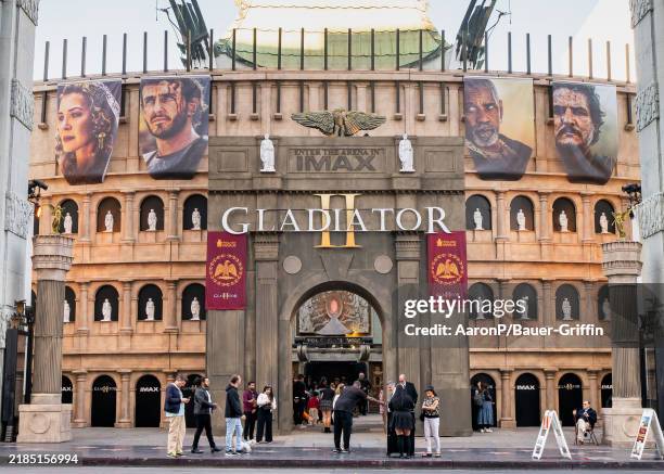 General views of the TCL Chinese Theatre promoting the film "Gladiator II" with a colosseum photo op setup on November 20, 2024 in Hollywood,...