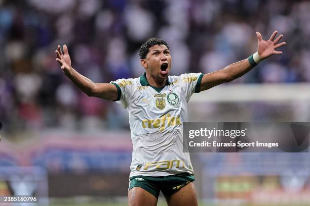 Rony Silva of Palmeiras celebrates with his teammates after winning Bahia during Brasileirao 2024 match between Bahia and Palmeiras at Arena Fonte...