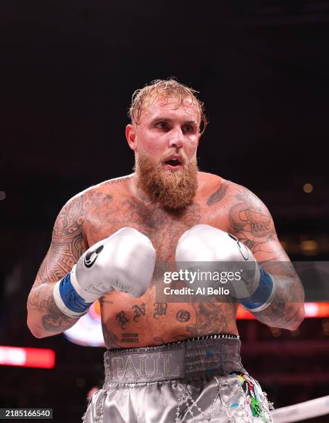 Jake Paul in action against Mike Tyson fight during LIVE On Netflix: Jake Paul vs. Mike Tyson at AT&T Stadium on November 15, 2024 in Arlington,...