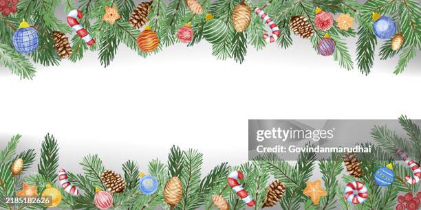 ilustrações de stock, clip art, desenhos animados e ícones de watercolor style, happy christmas background with christmas tree, belt and pine tree branches. happy new year - cartão de ano novo