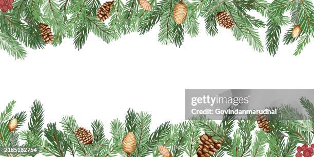watercolor style, happy christmas background with christmas tree, belt and pine tree branches. happy new year - pinecone stock illustrations