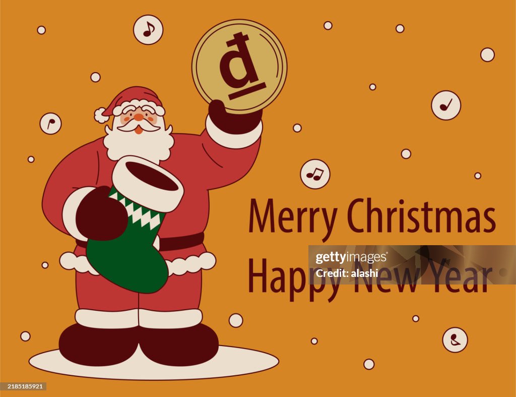 Santa Claus, showing Money, and holding a Christmas stocking, wishes you a Merry Christmas and a Happy New Year