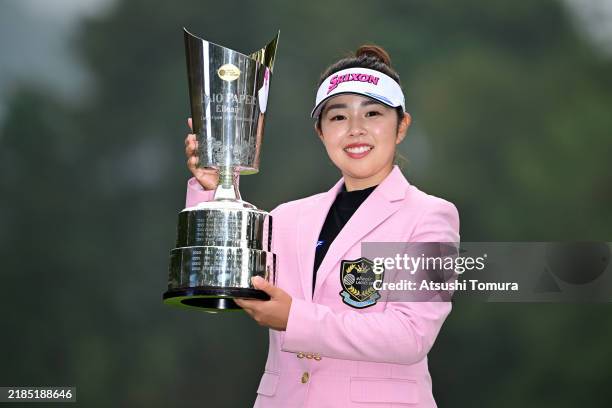 Miyuu Yamashita of Japan poses with the trophy after winning the tournament following the final round of the 43rd DAIO PAPER elleair LADIES OPEN at...