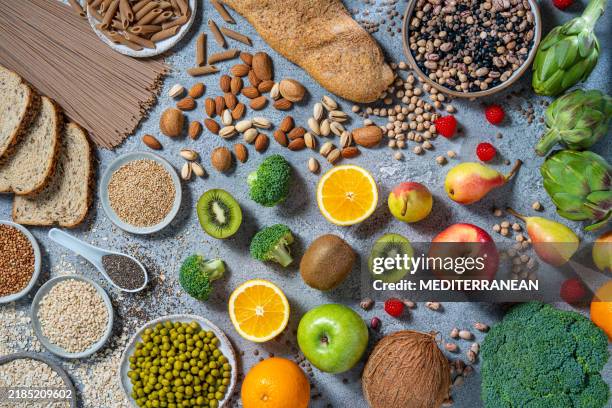 high content of dietary fiber food, rich fiber sources vegan food arrangement - famiglia delle leguminose foto e immagini stock