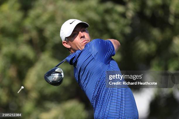 Rory McIlroy of Northern Ireland tees off on the 14th hole on day four of the DP World Tour Championship 2024 at Jumeirah Golf Estates on November...
