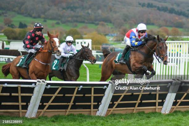 Harry Skelton riding Ace Of Spades win The Sue Ryder Leckhampton Court Hospice Maiden Hurdle at Cheltenham Racecourse on November 17, 2024 in...