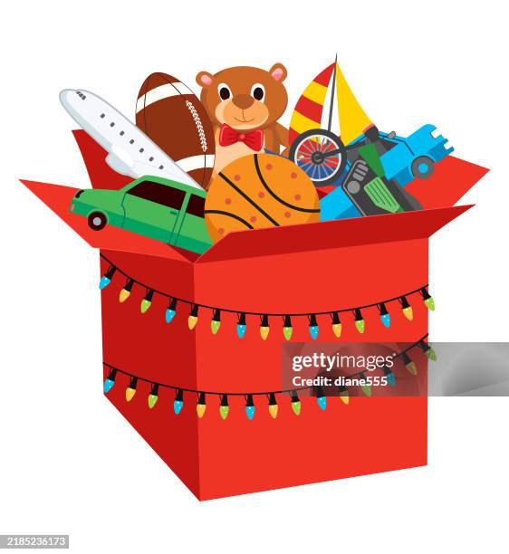 illustrations, cliparts, dessins animés et icônes de boîte de collecte de jouets pour enfants de noël sur un fond transparent - jouet