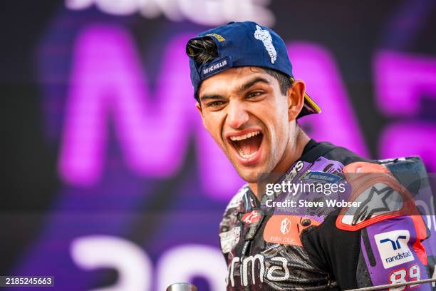 Jorge Martin of Spain and Prima Pramac Racing on the podium after he won the Championship during the MotoGP Motul Solidarity Grand Prix of Barcelona...