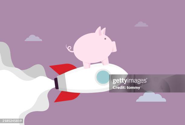 piggy bank on rocket for boost saving money concept - early retirement stock illustrations