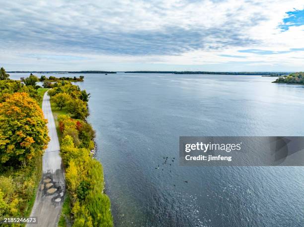 aerial view of long sault parkway, south stormont, ontario, canada - st lawrence river stock pictures, royalty-free photos & images