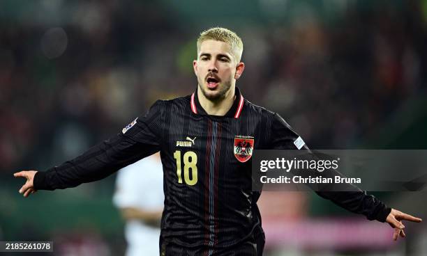 Romano Schmid of Austria scores his team's first goal during the UEFA Nations League 2024/25 League B Group B3 match between Austria and Slovenia at...