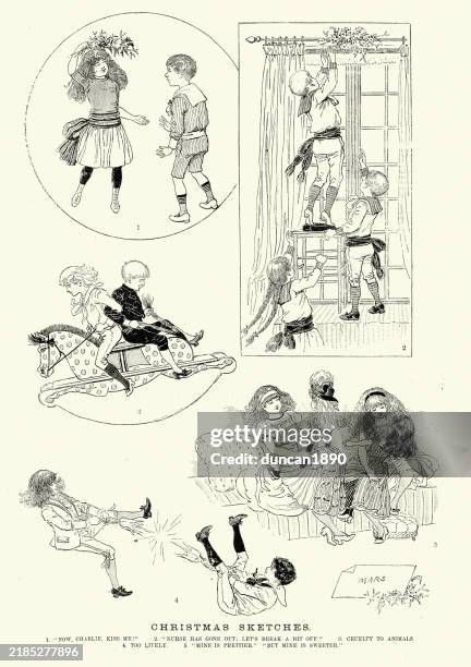 cartoon, christmas sketches, children playing, mistletoe kiss, rocking horse, pulling cracker, victorian 19th century - kissing baby doll stock illustrations