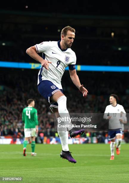 Harry Kane of England celebrates scoring his sides first goal from the penalty spot during the UEFA Nations League 2024/25 League B Group B2 match...