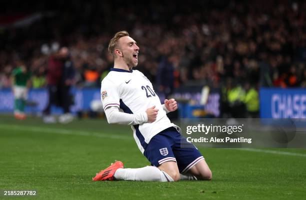 Jarrod Bowen of England celebrates scoring his sides fourth goal during the UEFA Nations League 2024/25 League B Group B2 match between England and...