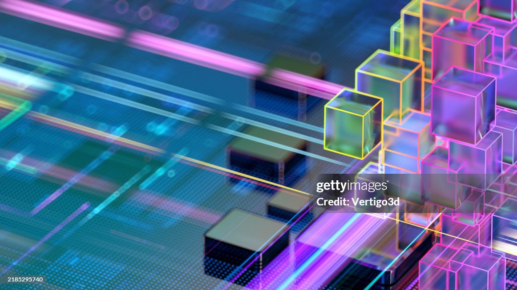 Cubos de CPU abstratos digitais. AI - Conceito de Inteligência Artificial. Rede neural. Conceitos de aprendizado de máquina