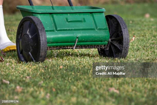 fertilizing the lawns - fertilizante fotografías e imágenes de stock